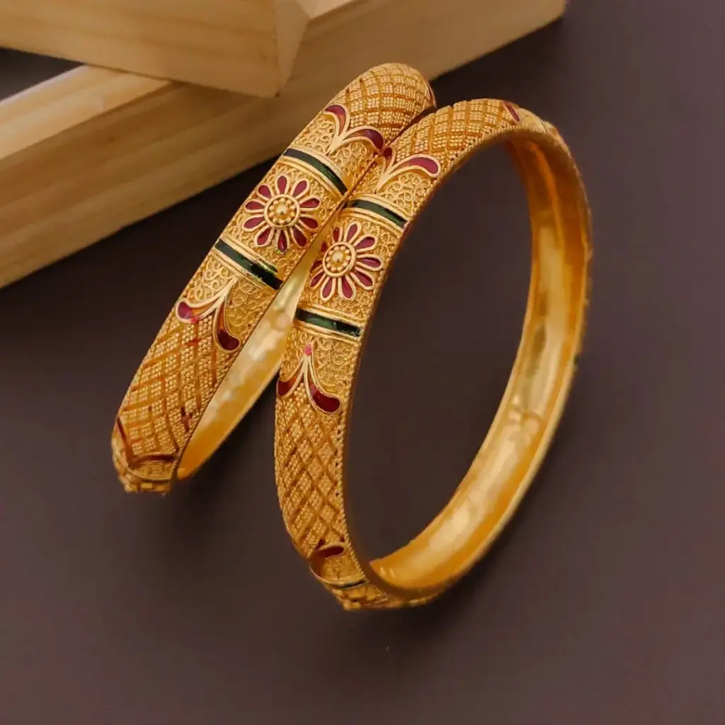 Intricate Floral Gold-Plated Bangles with Enamel Detailing