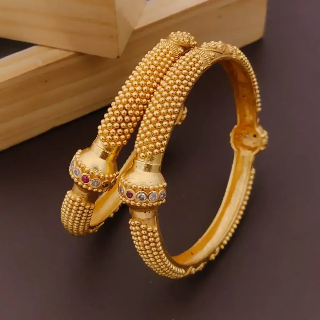 Heavy Beadwork Rajwadi Gold-Plated Bangles with Stone Embellishments