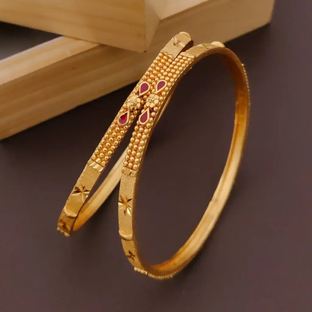 Antique Dot work Gold-Plated Bangles with Red Detailing